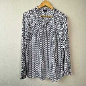 Talbots Birdcage Print Blouse Womens XL Blue White Ruffle Tie Neck Long Sleeve